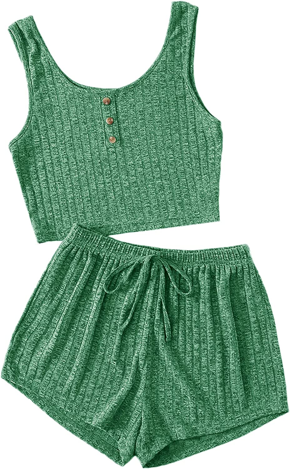 SheIn Women's 2 Piece Sleeveless Button Crop Tank Tops and Shorts Lounge Set