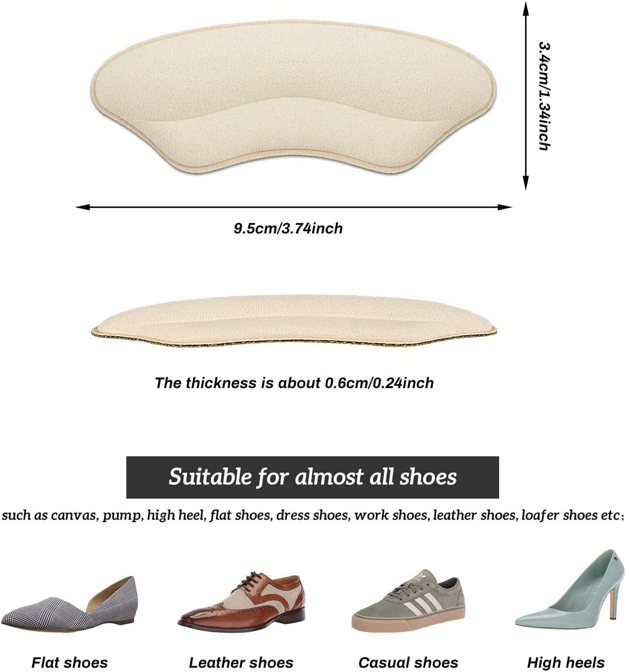 Heel Grips Liner Cushions Inserts for Loose Shoes, Heel Pads Snugs for Shoe Too Big Men Women, Filler Improved Shoe Fit and Comfort, Prevent Heel Slip and Blister (4 Pairs) (Pale Apricot+Black)