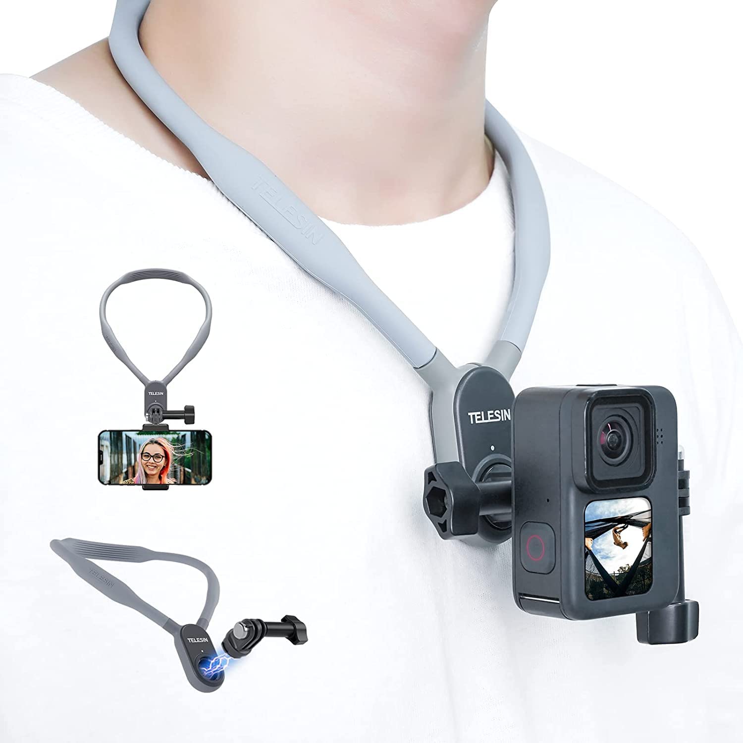 2023 New Magnetic POV Selfie Neck Holder Mount with Phone Clip Vertical Mount Kit, Centered Angle Adjustable Shoulder Chest View Support for GoPro Max Hero Insta360 DJI Action 3 iPhone Android