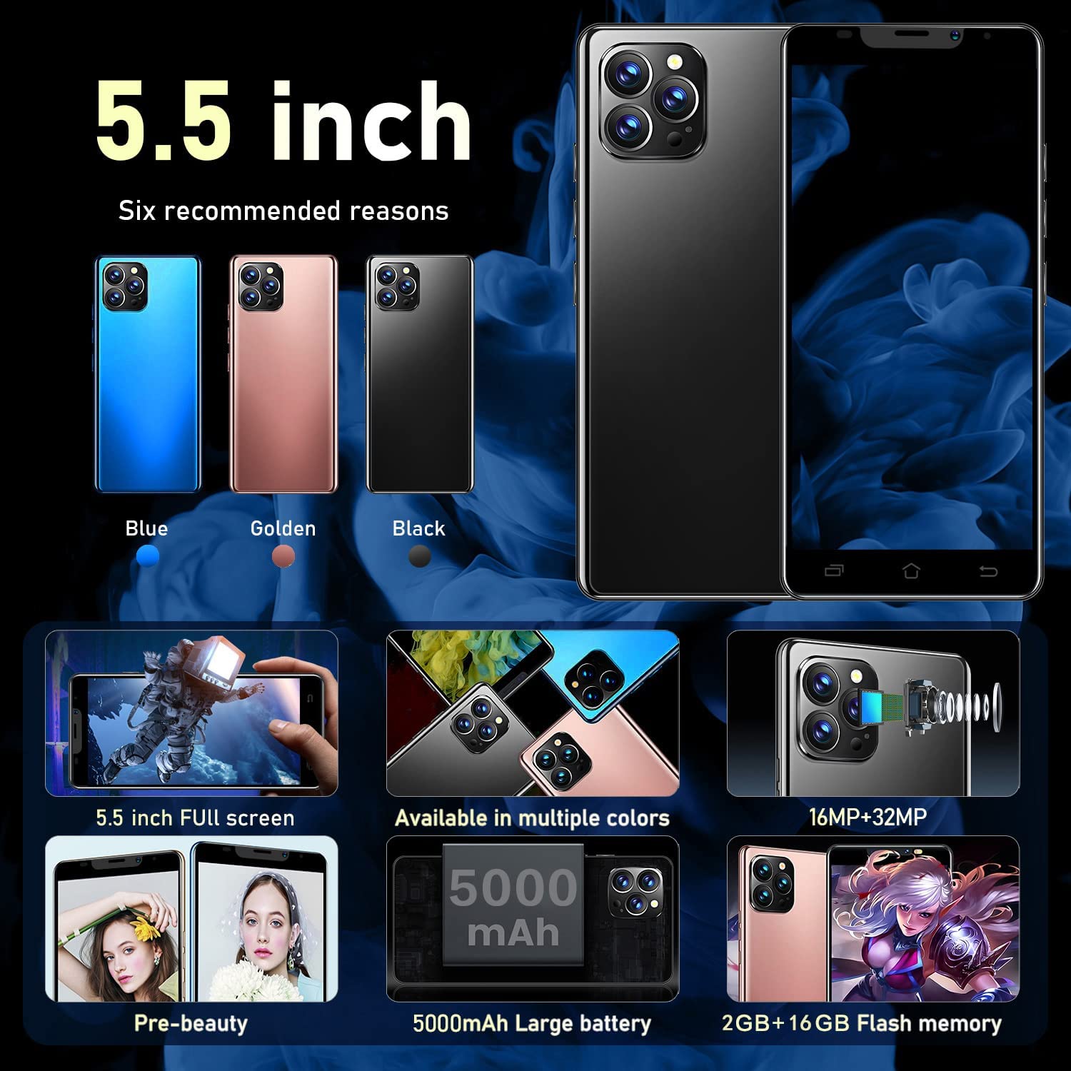 LANSXXY Smartphone Unlocked Cell Phone IP14 5.5inch HD Waterdrop Screen Black Phone 2GB/16GB Android 10 Straight Talk Phone 5000mAh 128GB Extension Dual Sim Boost Mobile Phones