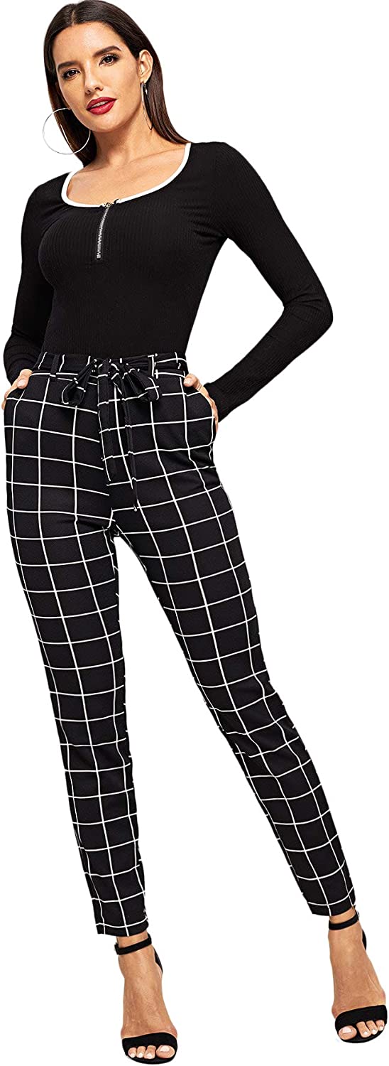WDIRARA Women's Stretchy Plaid Print Pants Soft Skinny Regular Fashion Leggings