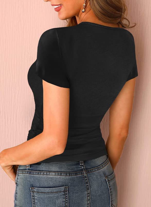 Dokotoo Womens Basic Ribbed Low Cut Button Down Tight Slim Fitted Tee Tops T Shirts
