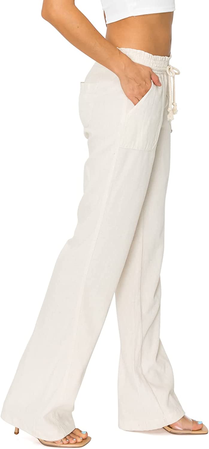 Cali1850 Women's Casual Linen Pants - 32" Inseam Oceanside Drawstring Smocked Waist Lounge Beach Trousers with Pockets