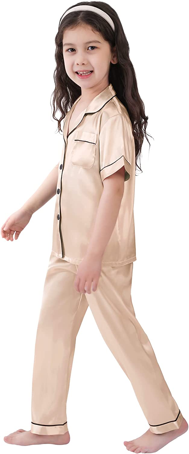 SWOMOG Kids Satin Pajamas Sets Girls Boys Button-Down Pjs Short Sleeve Silk Nightwear 2 Piece Lounge Sets