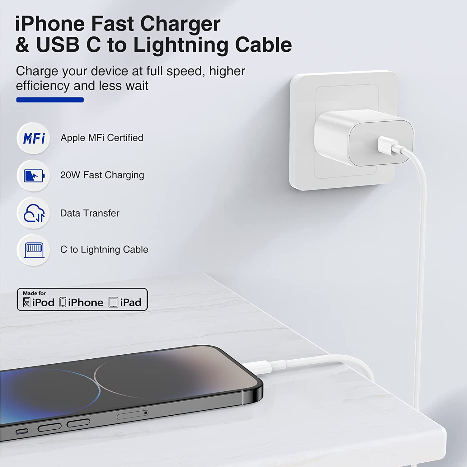 iPhone 14 13 12 Fast Charger, [2Pack] Apple 14 13 Charger Block with (2×6FT) USB C to Lightning Cable Fast Charging, USB Type C Wall Charger for Apple iPhone 14/13/12/11 Pro Max/XS/SE/iPad/AirPods