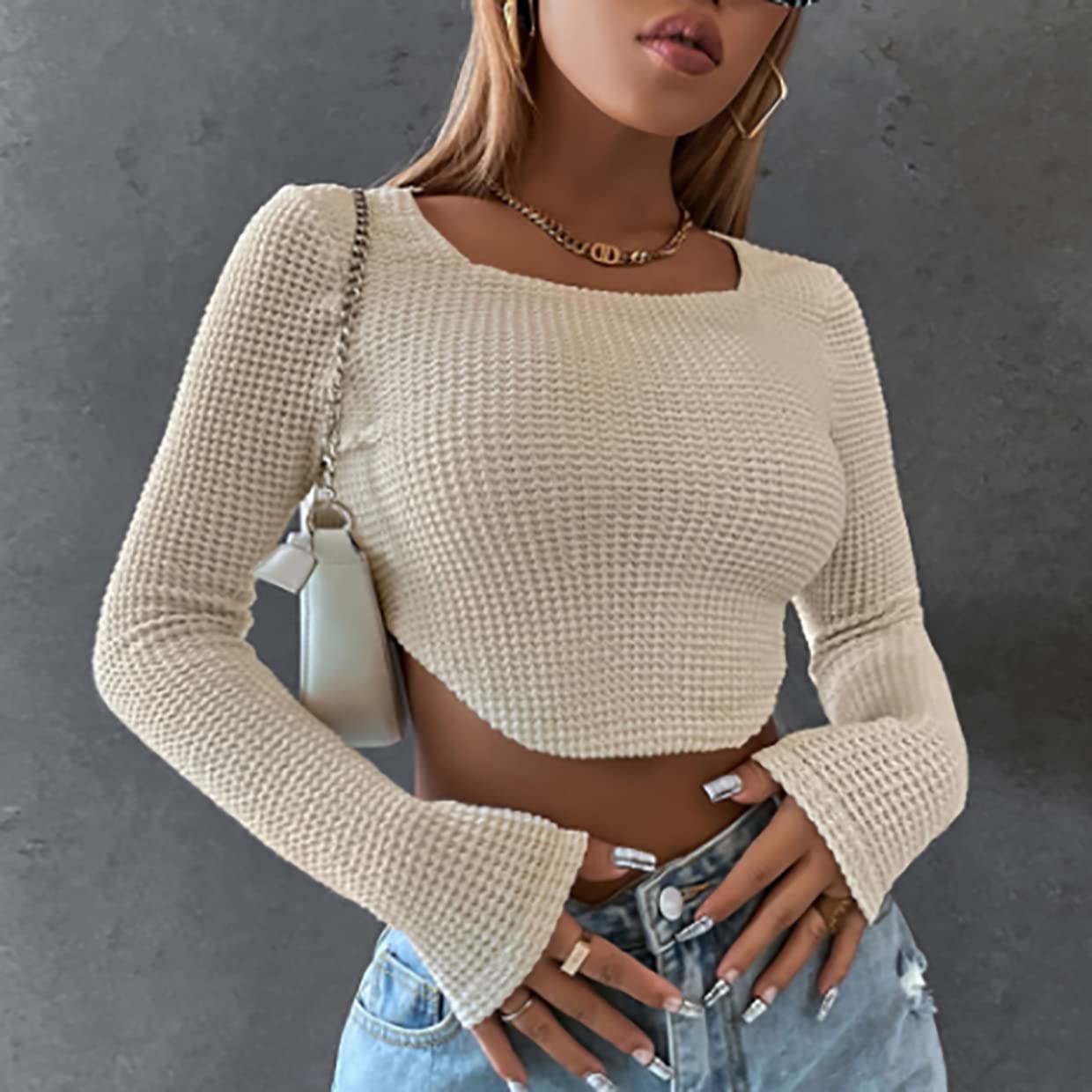 Meladyan Women Long Sleeve Knitted Solid Crop Top Square Neck Fitted Asymmetrical Hem Cropped Tee Shirts