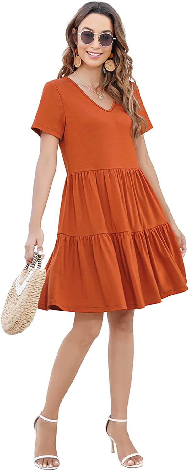 Arolina Women's Casual Swing Shift Dress Summer V Neck Short Sleeve Babydoll Ruffle Dress Tunic Dress