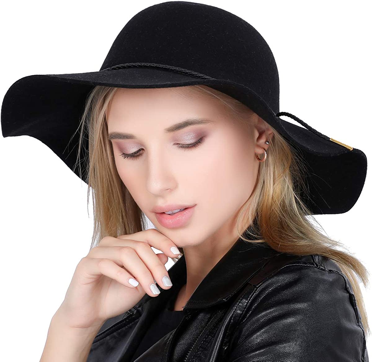 Lanzom Women Lady Retro Wide Brim Large Floppy Panama Hat Belt Wool Fedora Hat