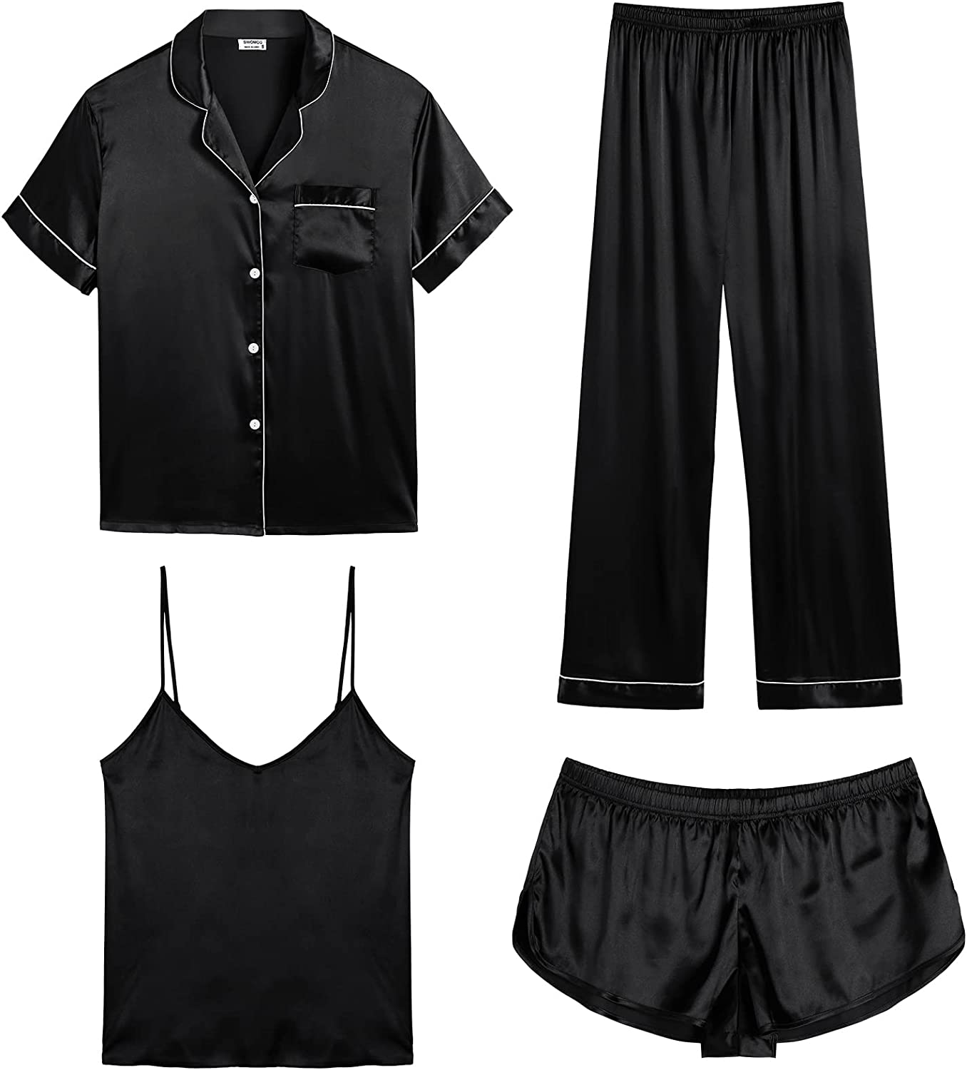 SWOMOG Womens 4pcs Pajamas Sets Silk Satin Sleepwear Sexy Cami with Button Down Short Sleeve Shirt Pjs Loungewear