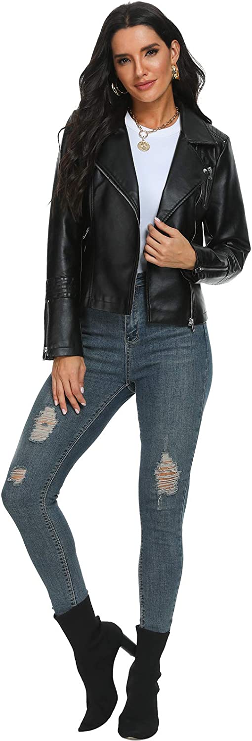 Fahsyee Women's Leather Jackets, Faux Motorcycle Plus Size Moto Biker Coat Short Lightweight Vegan Pleather Fashion