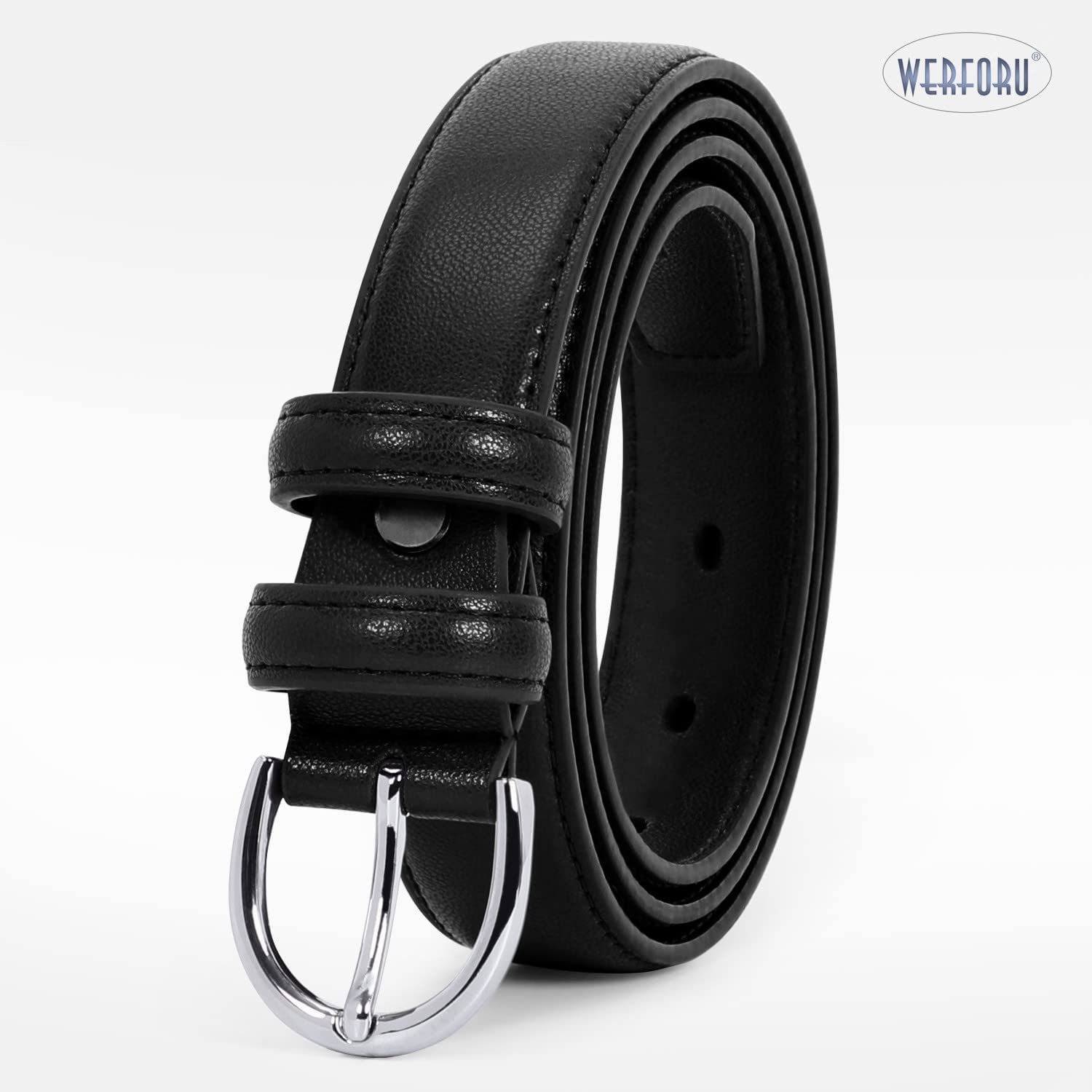 WERFORU Women Leather Belt Skinny Dress Belt for Jeans Pants with Silver Buckle