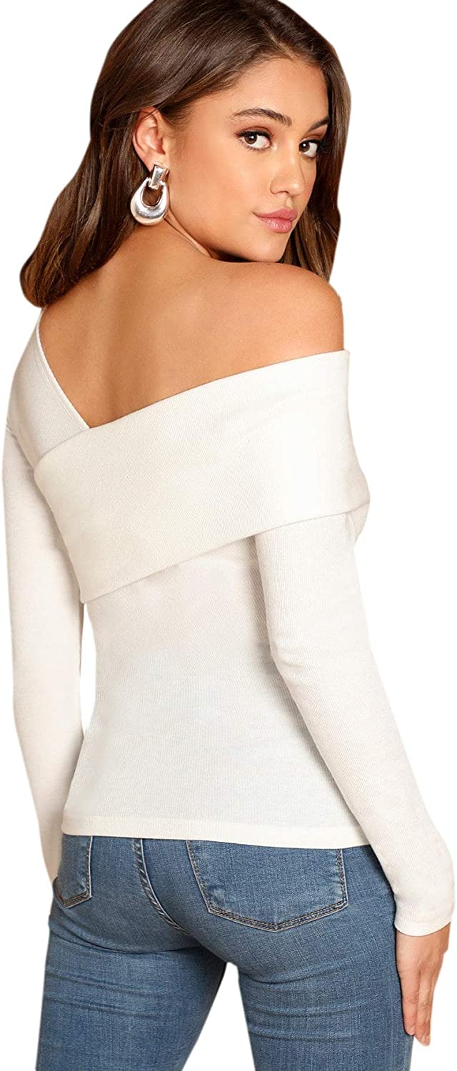 Romwe Women's Casual Cross Off Shoulder Deep V Neck Ribbed Knit Slim Wrap Tee Shirt Blouse