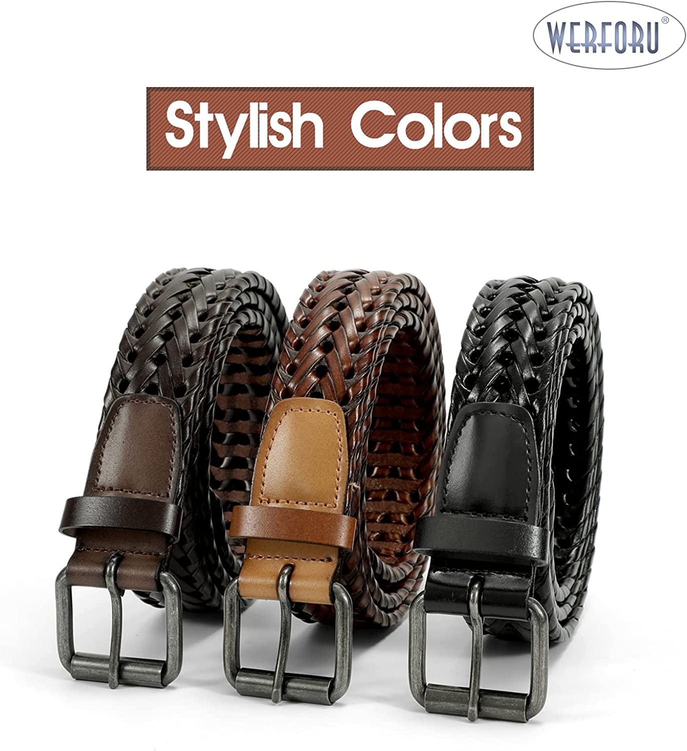 WERFORU Men’s Leather Braided Belt, Cowhide Leather Woven Belt for Jeans 1.3 Inch Wide with Prong Buckle