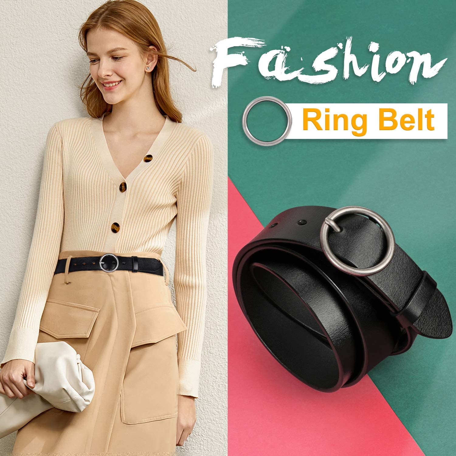 WERFORU Women Casual Dress Belt Fashion Leather Belt with O Ring Buckle for Jeans Pants