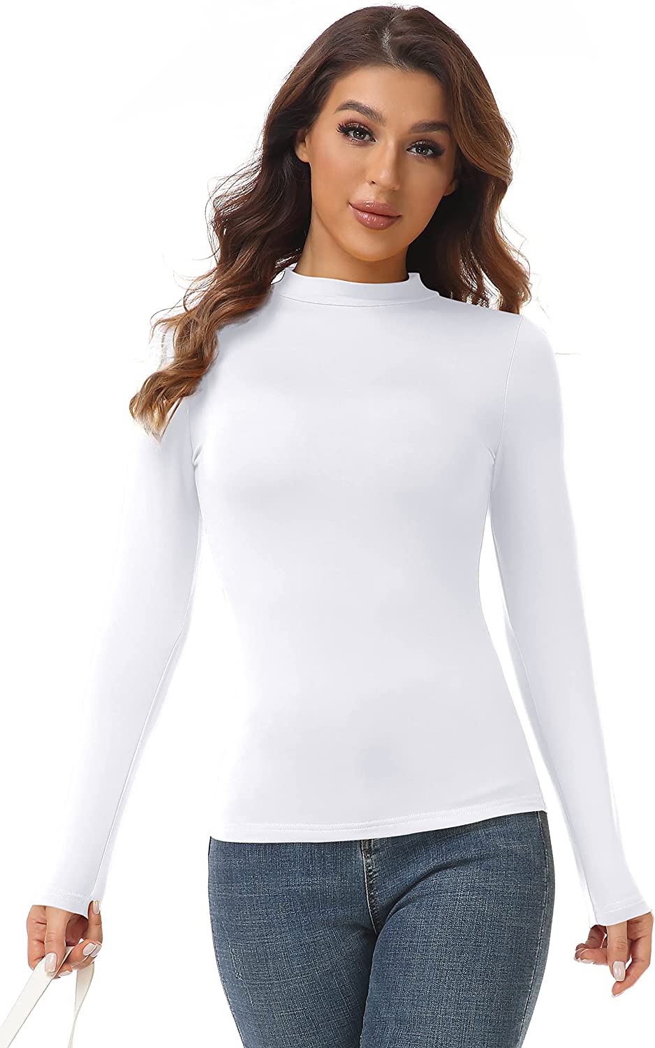 AUHEGN Women's Mock Turtleneck Tops Casual Slim Fitted Long Sleeve Base Layer Shirts