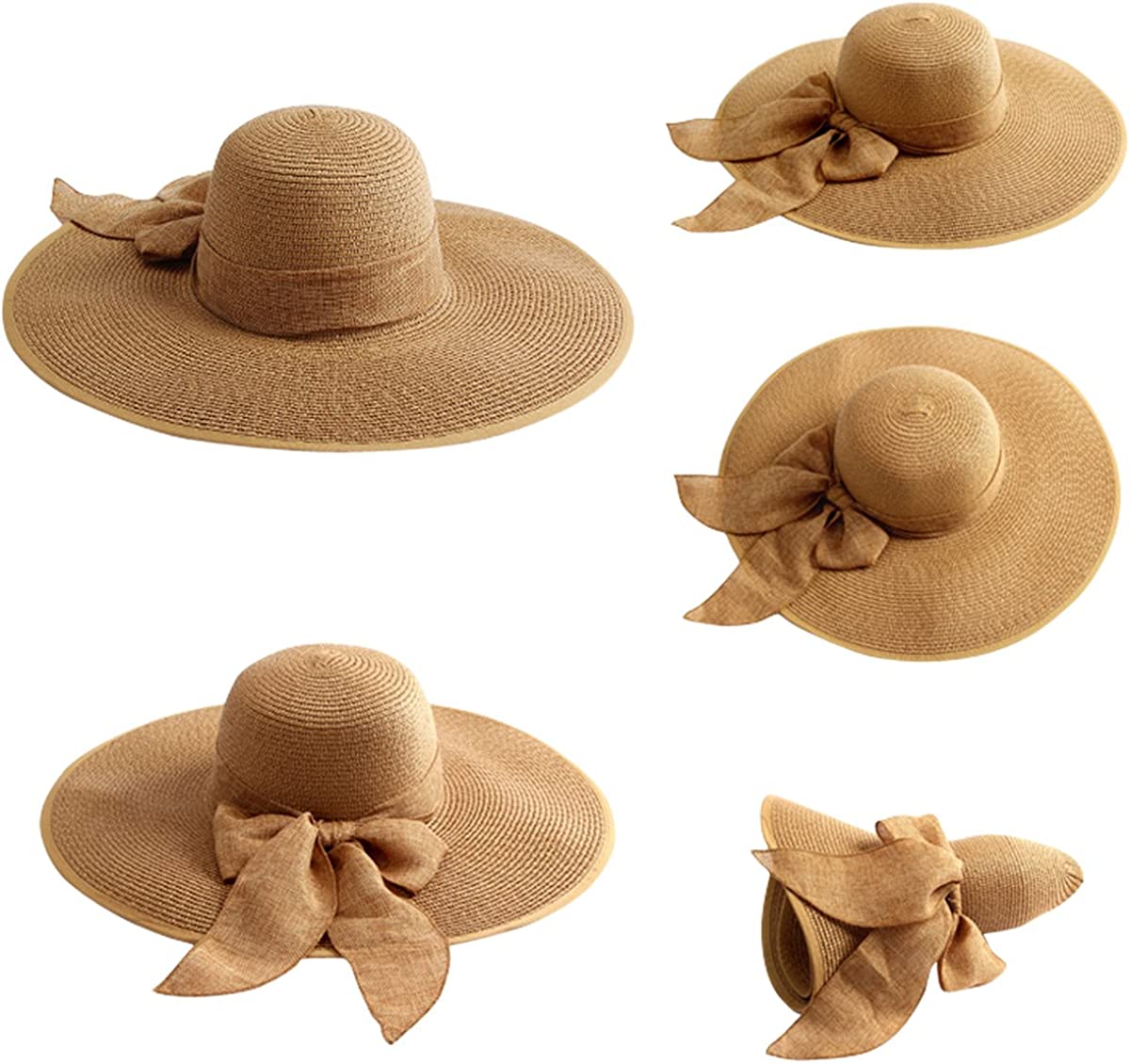 Lanzom Womens 5.5 Inches Big Bowknot Straw Hat Large Floppy Foldable Roll up Beach Cap Sun Hat UPF 50+