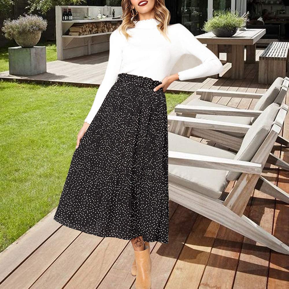 EXLURA Womens High Waist Polka Dot Pleated Skirt Midi Swing Skirt with Pockets