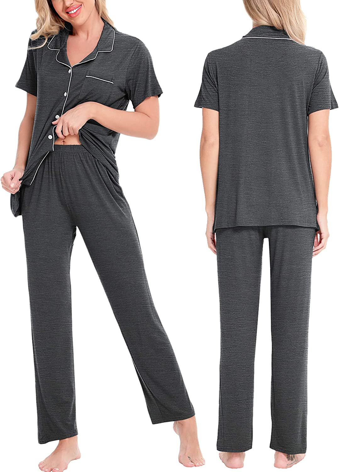 SWOMOG Women Pajama Sets Two-Piece Nightwear Short Sleeve Sleepwear Button Down Pj Lounge Sets with Long Pants