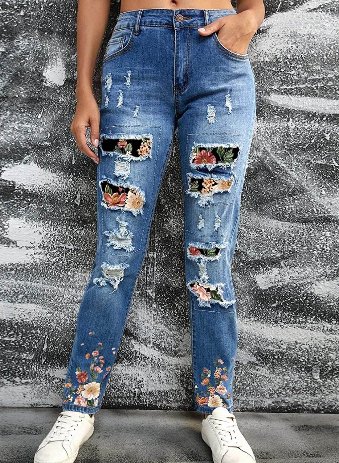 EVALESS Ripped Jeans for Women Plaid Patch Boyfriend Skinny Distressed Denim Jean Pants