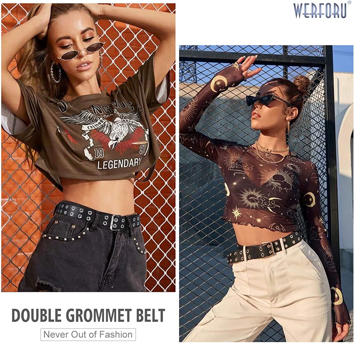 WERFORU Double Grommet Belt PU Leather Punk Belt for Women Men Jeans 2 Hole Belts 1.5 Wide