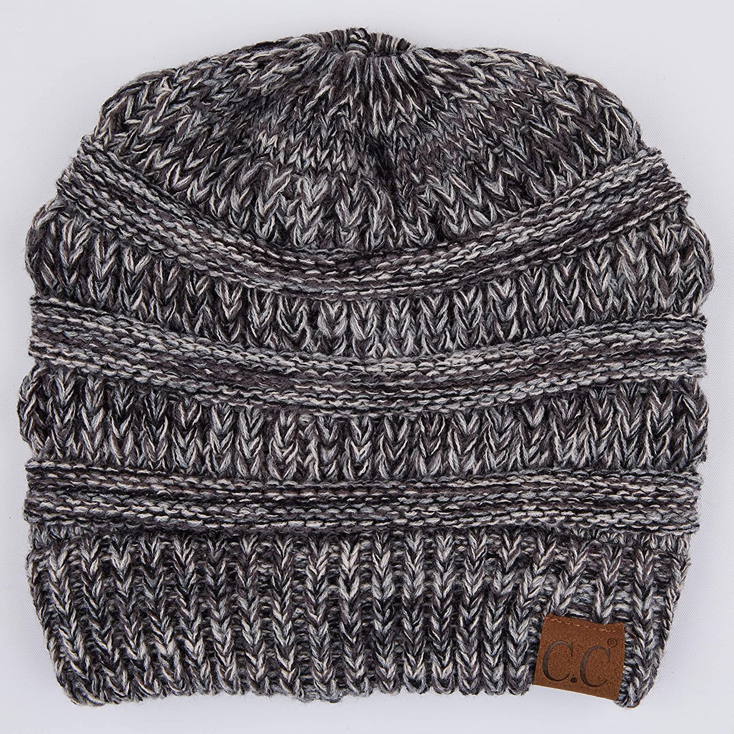 C.C Exclusives Soft Stretch Cable Knit Messy Bun Ponytail Beanie Winter Hat for Women (MB-20A)
