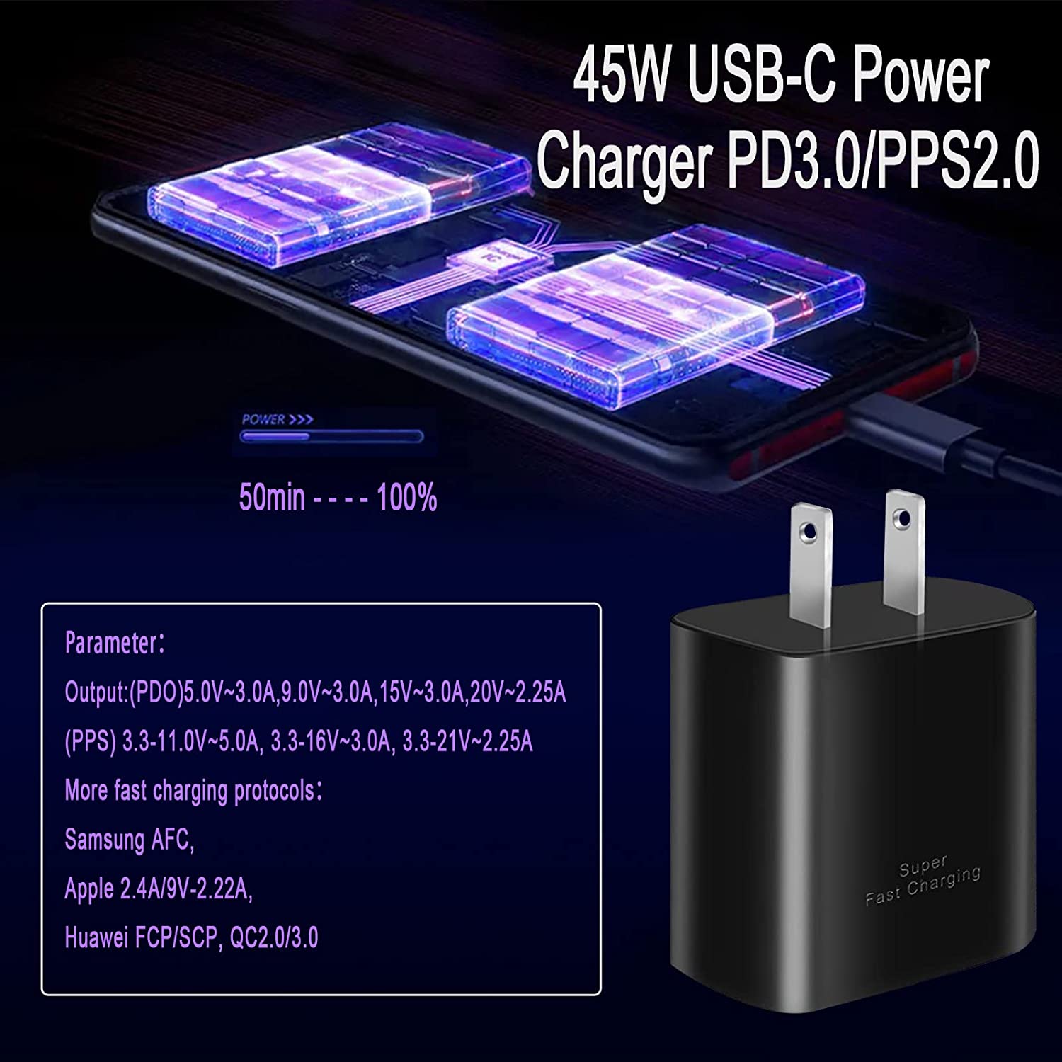 for 45W Samsung Charger Super Fast USB Type C Block PD PPS for Samsung Galaxy S23 S22 Ultra Charger Plus S20 Tab S8 Plus Note 10 20 A53 A52 Z Fold Flip 3 4 6.6ft 5A Type-C Charging Cord 2Pack White