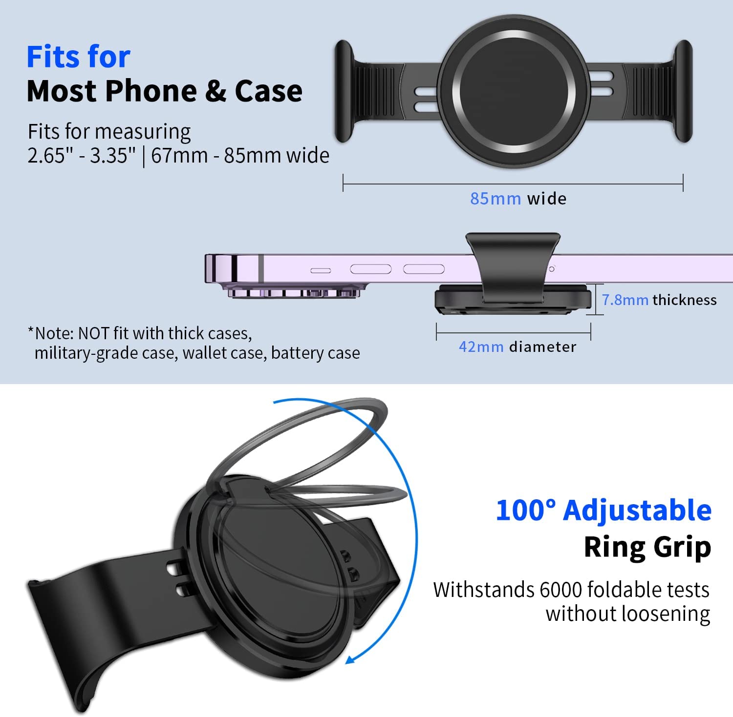 Nicwea Magnetic Phone Clamp [Strong Magnet] for Gym Office Any Metal Surface, Cell Phone Clip Ring Grip Holder with Metal Plate for Magnetic Car Mount Compatible with iPhone, Samsung and Cases, Black