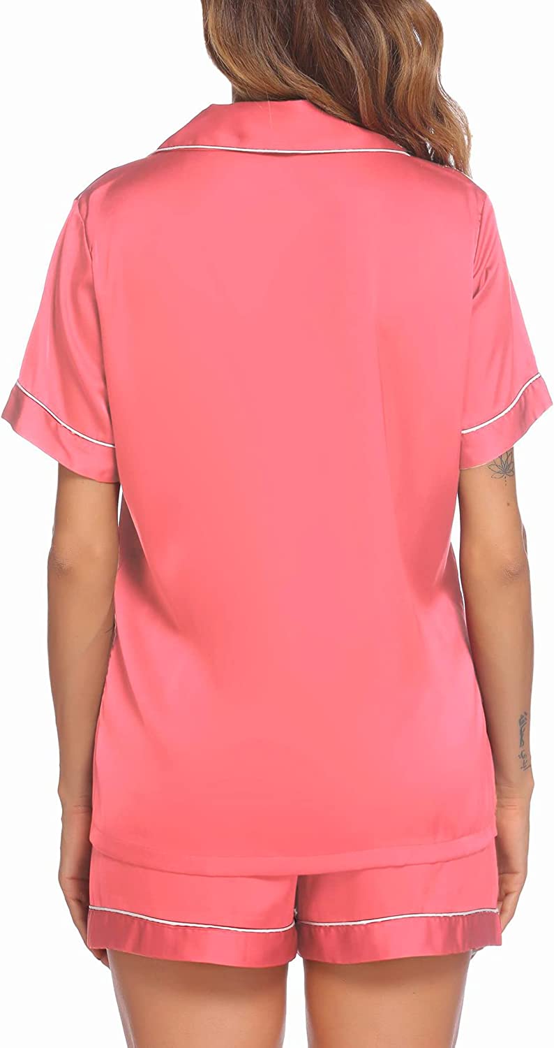Ekouaer Satin Pajamas Women's Short Sleeve Sleepwear Soft Silk Button Down Loungewear Pjs Shorts Set S-XXL