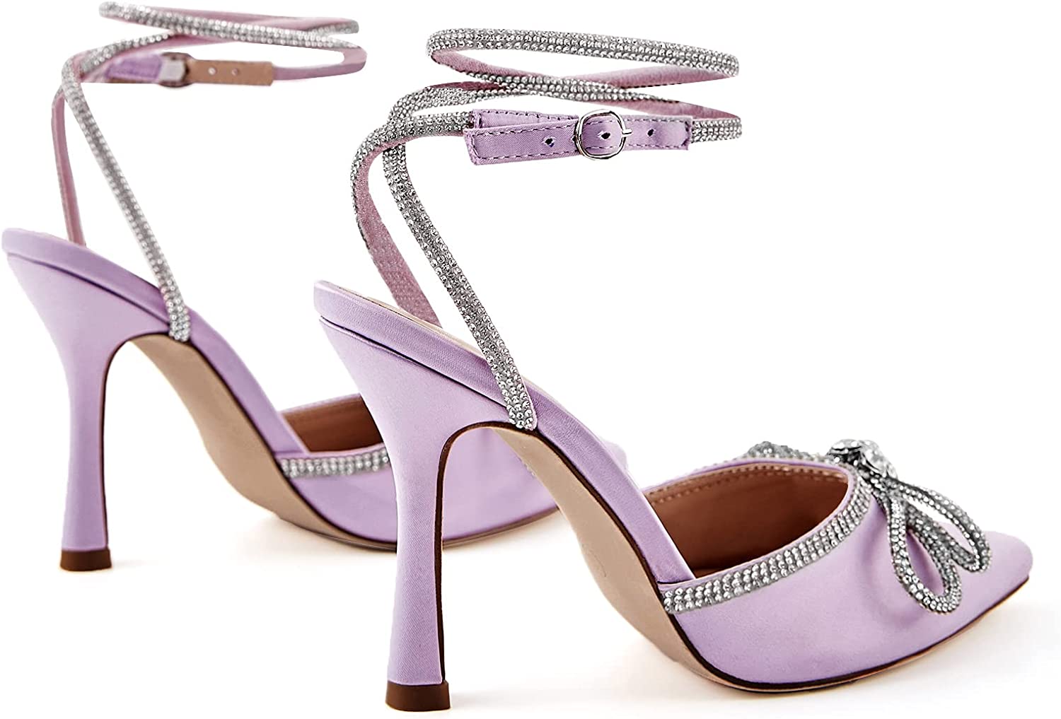 TINSTREE Women's Rhinestone Ankle Strap Heeled Sandals Pointy Toe Stilettos High Heels Pumps Lace Up Sparkling Wedding Bridal Dress Shoes
