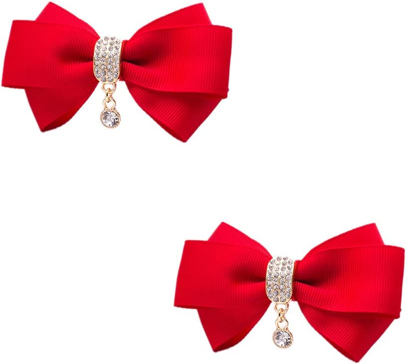 Rhinestone Crystal Dangle Center Ribbon Assorted Color Bow Shoe Clips Pair Removable Shoe Buckle (Black)