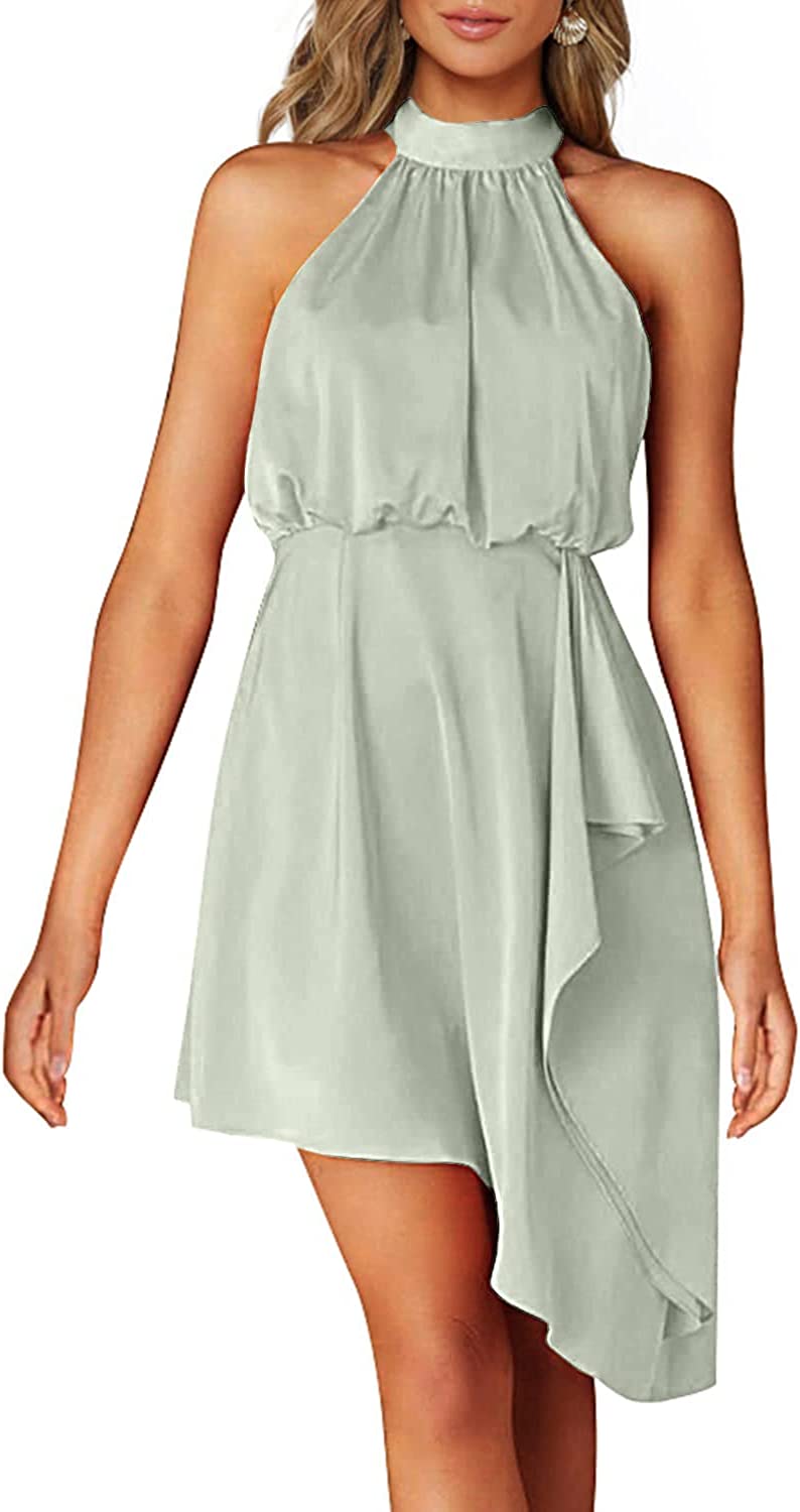 Hatant Satin Dress for Women Mini Dress Summer Halterneck Elegant Women's Cocktail Dress Sleeveless Silky Party Club Dress