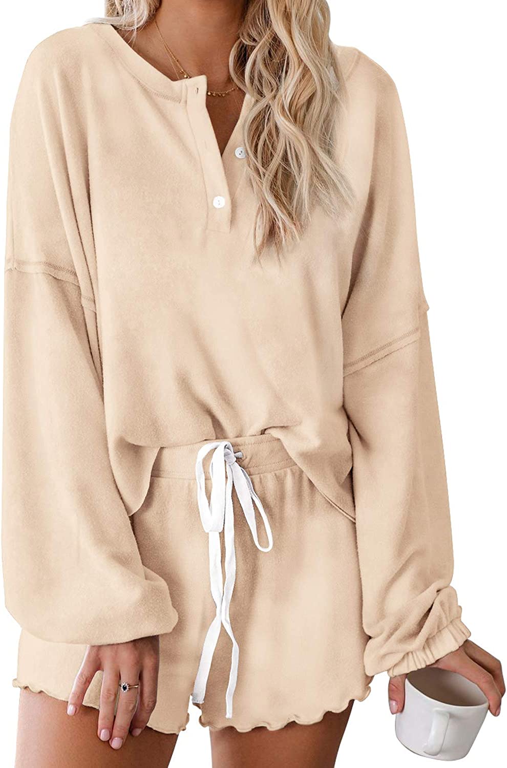 T1FE 1SFE Women's Tie-Dye Pajamas Lounge Sets Long-Sleeve Tops and Ruffle Shorts PJ Set Comfy Loungewear Sleepwear