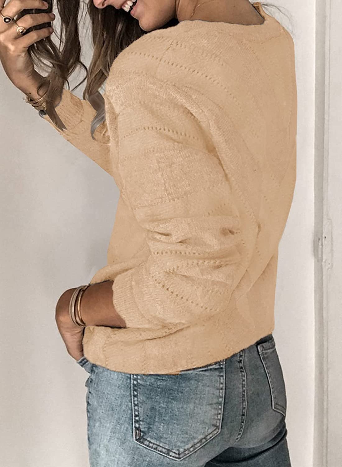 Elapsy Womens Color Block Striped V Neck Sweater Long Sleeve Pullover Knitted Sweater XS-2XL